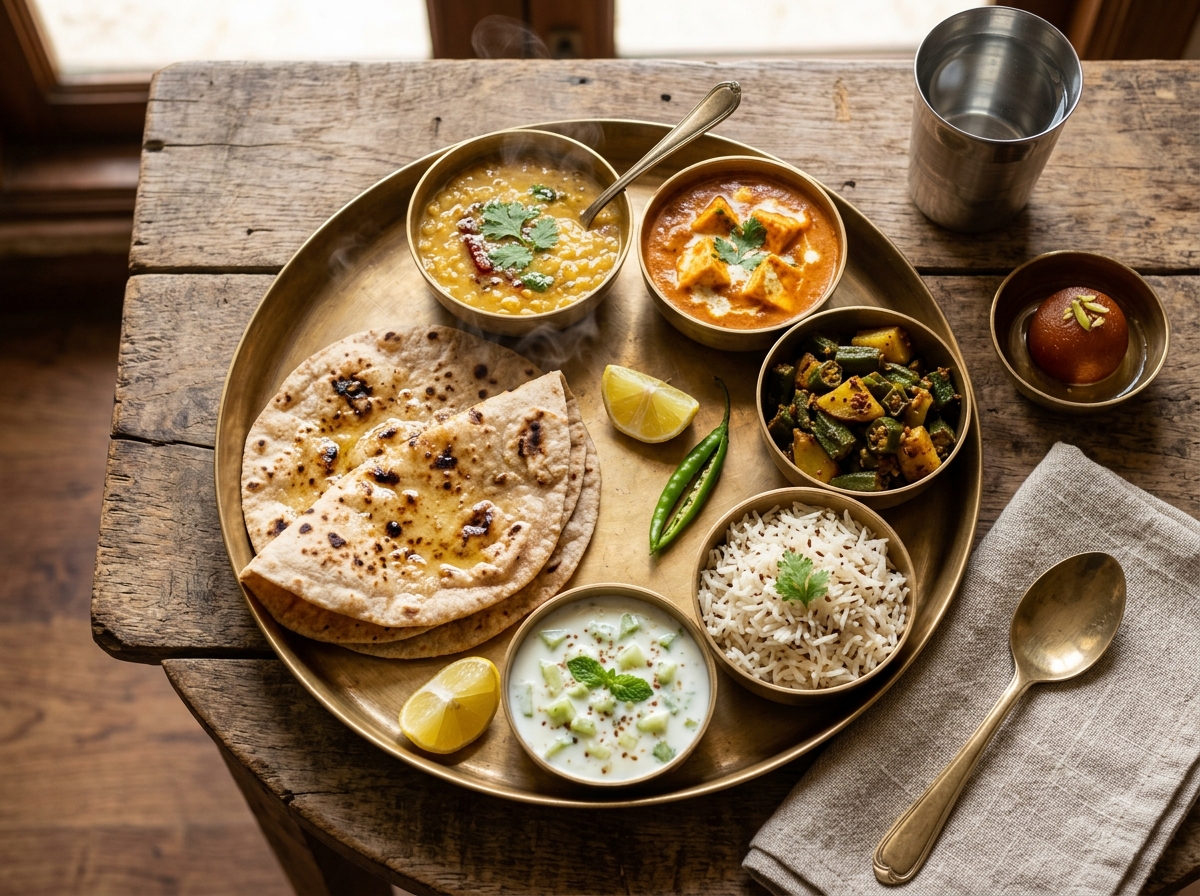 Delicious homestyle Indian thali with dal tadka, paneer curry, fresh rotis, and basmati rice