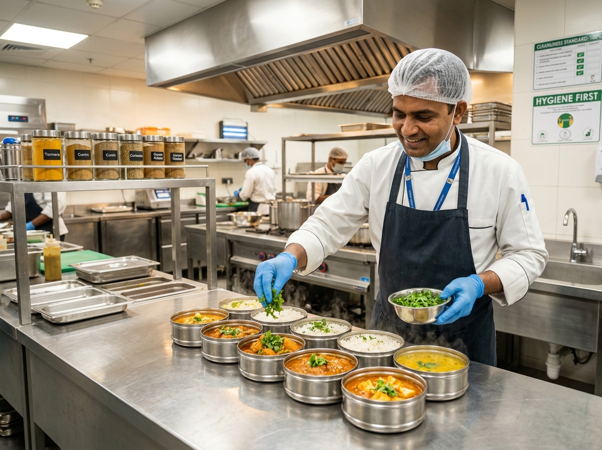 Spotless modern cloud kitchen where chefs cook fresh homestyle meals
